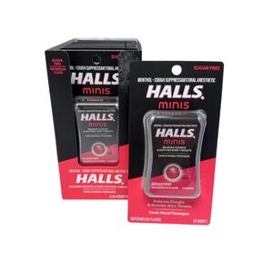 HALLS Minis Watermelon Flavor Sugar Free Cough Drops, 24 Drops each (Set of 2).